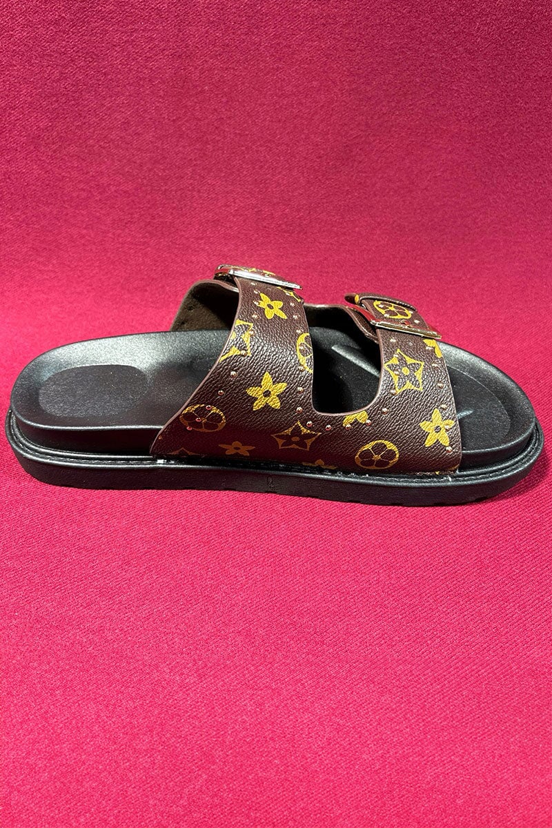 BROWN LOGO DOUBLE STRAP STUD SLIDER
