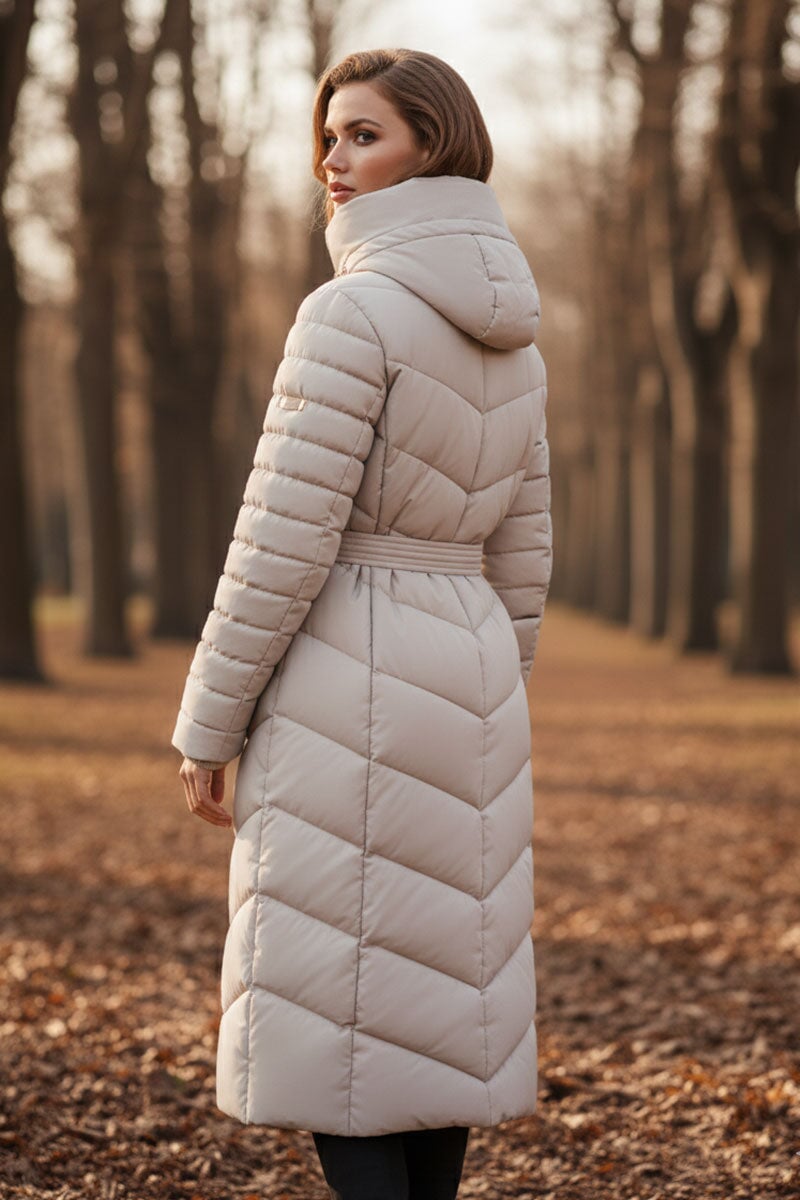 OYSTER QUILTED GOLD TRIM LONGLINE BELTED HOODED COAT