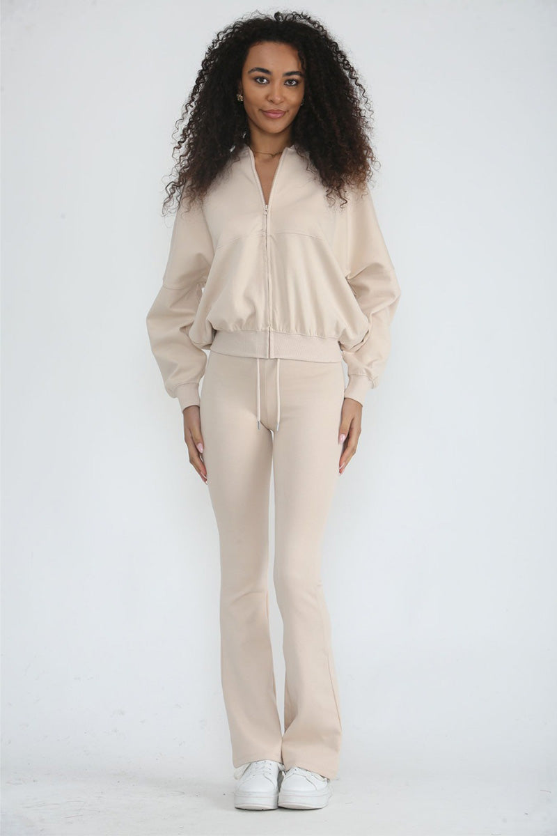 OATMEAL ZIPPED BOMBER JACKET AND FLARE LEG TROUSER SET