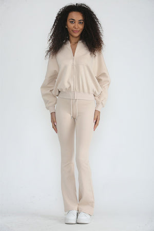 OATMEAL ZIPPED BOMBER JACKET AND FLARE LEG TROUSER SET