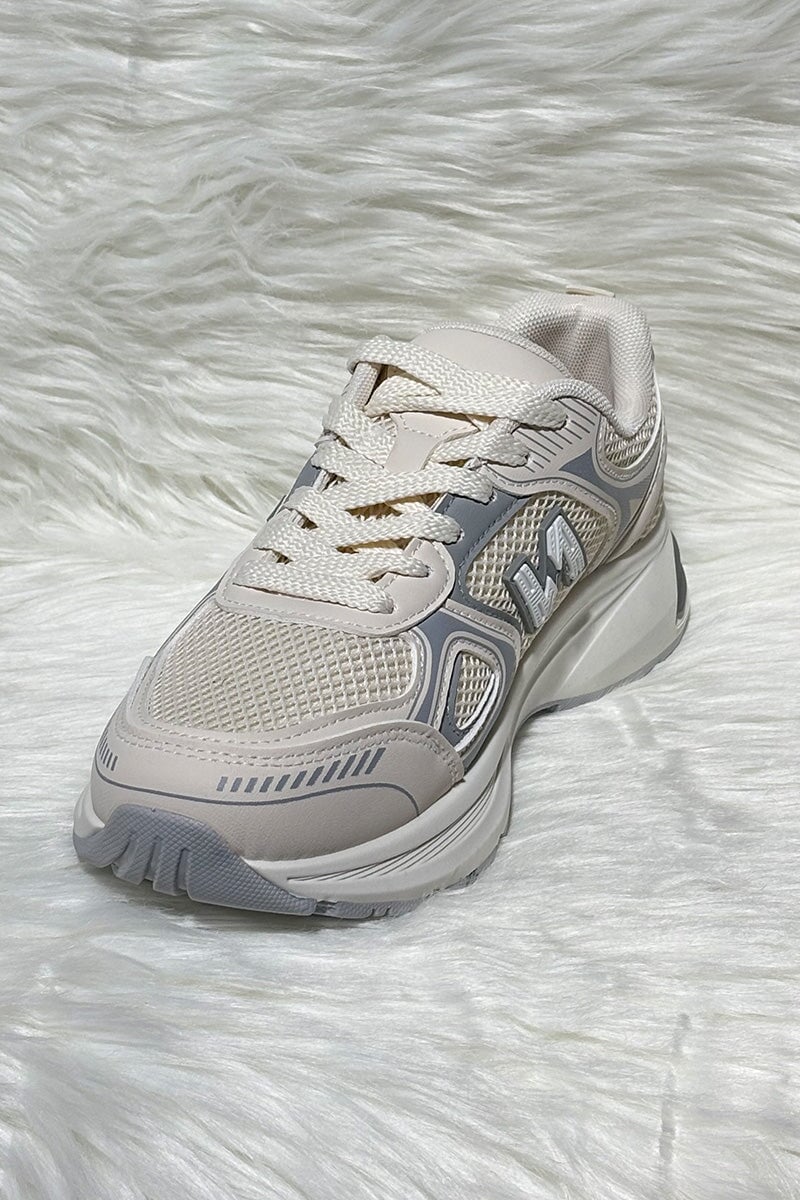 BEIGE LOGO LACE UP CHUNKY RUNNER STYLE TRAINER