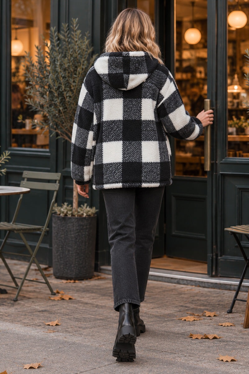 BLACK AND WHITE CHECK POCKET DETAIL HOODED TEDDY JACKET