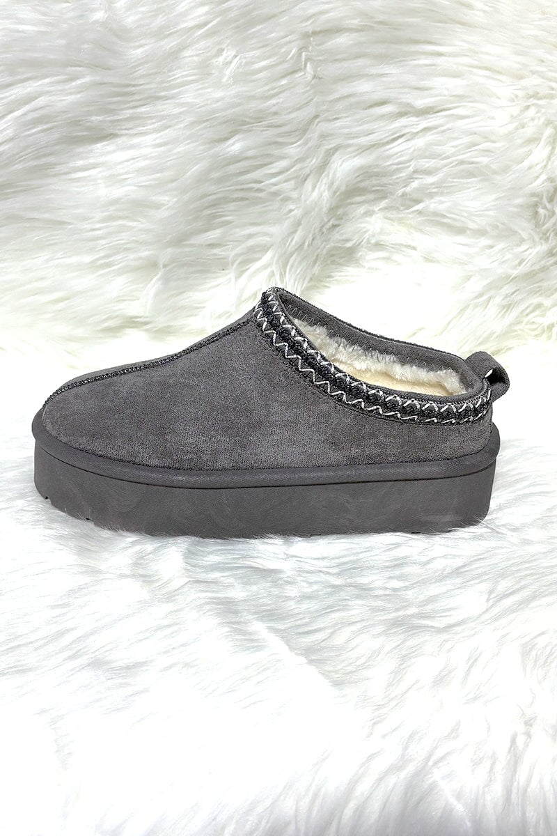 GREY FAUX SUEDE SLIP ON PLATFORM SLIPPERS