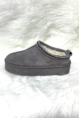 GREY FAUX SUEDE SLIP ON PLATFORM SLIPPERS