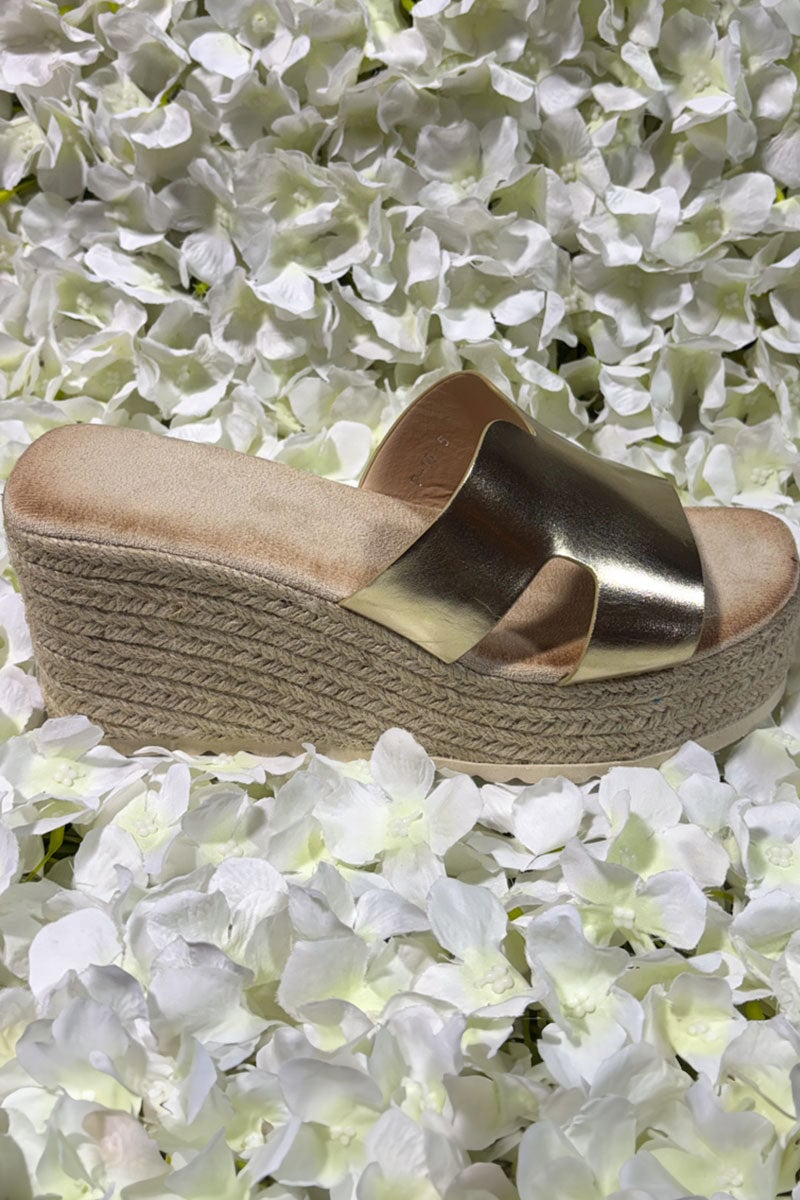 GOLD METALLIC CUT OUT FAUX LEATHER ESPADRILLE WEDGE