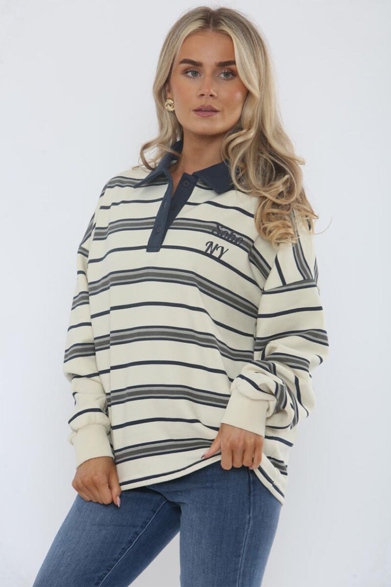NAVY AND CREAM STRIPED COLLAR SWEATSHIRT