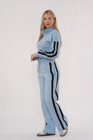 BLUE CROPPED DOUBLE STRIPE ZIPPED SWEATSHIRT WITH WIDE LEG TROUSER
