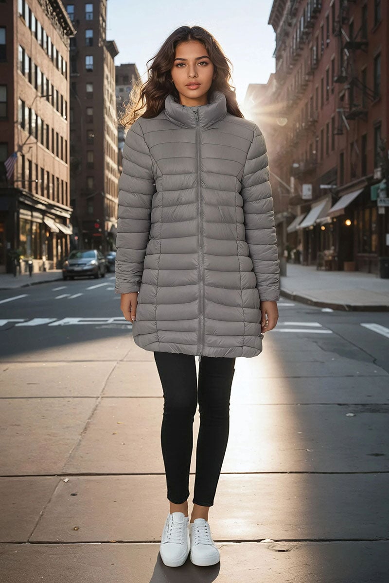 GREY HOODED LIGHTWEIGHT QUILT PUFFER JACKET