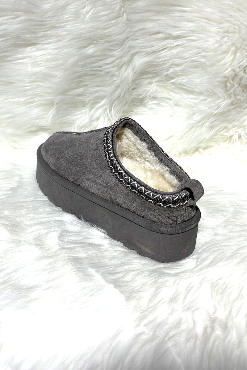 GREY FAUX SUEDE SLIP ON PLATFORM SLIPPERS