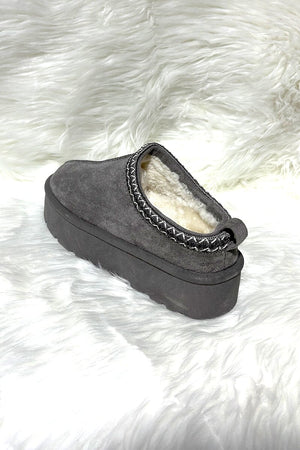 GREY FAUX SUEDE SLIP ON PLATFORM SLIPPERS