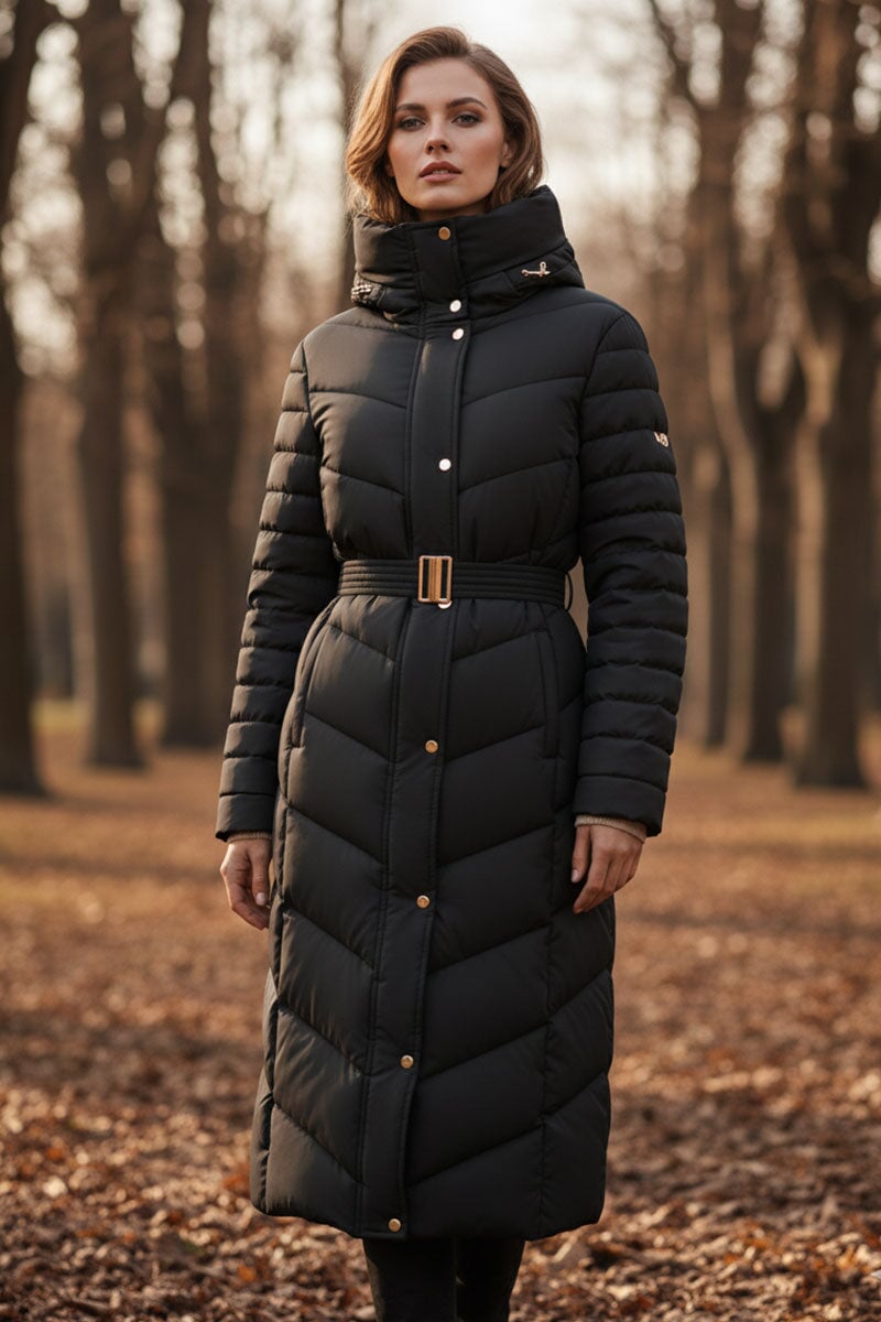 BLACK QUILTED GOLD TRIM LONGLINE BELTED HOODED COAT