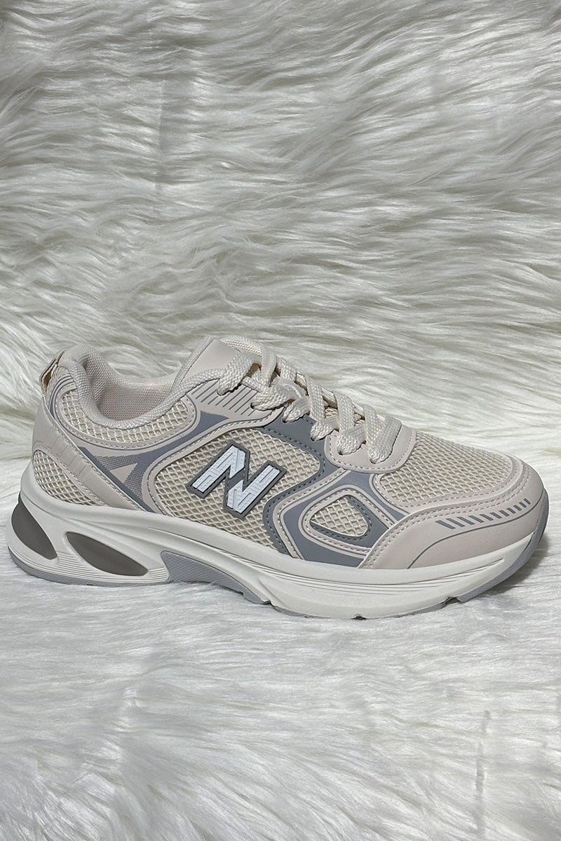 BEIGE LOGO LACE UP CHUNKY RUNNER STYLE TRAINER