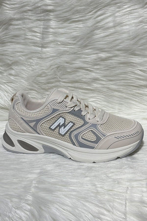 BEIGE LOGO LACE UP CHUNKY RUNNER STYLE TRAINER