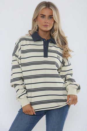 NAVY AND CREAM STRIPED COLLAR SWEATSHIRT