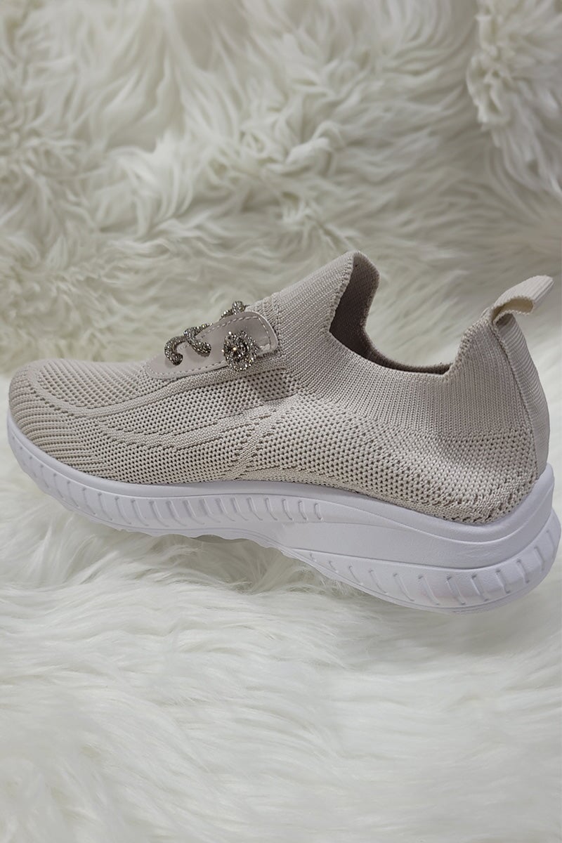 BEIGE METALLIC LACE SOCK TRAINER