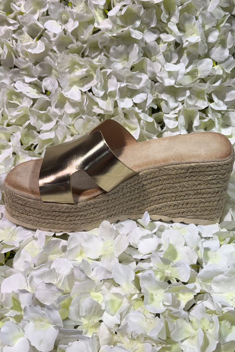 GOLD METALLIC CUT OUT FAUX LEATHER ESPADRILLE WEDGE