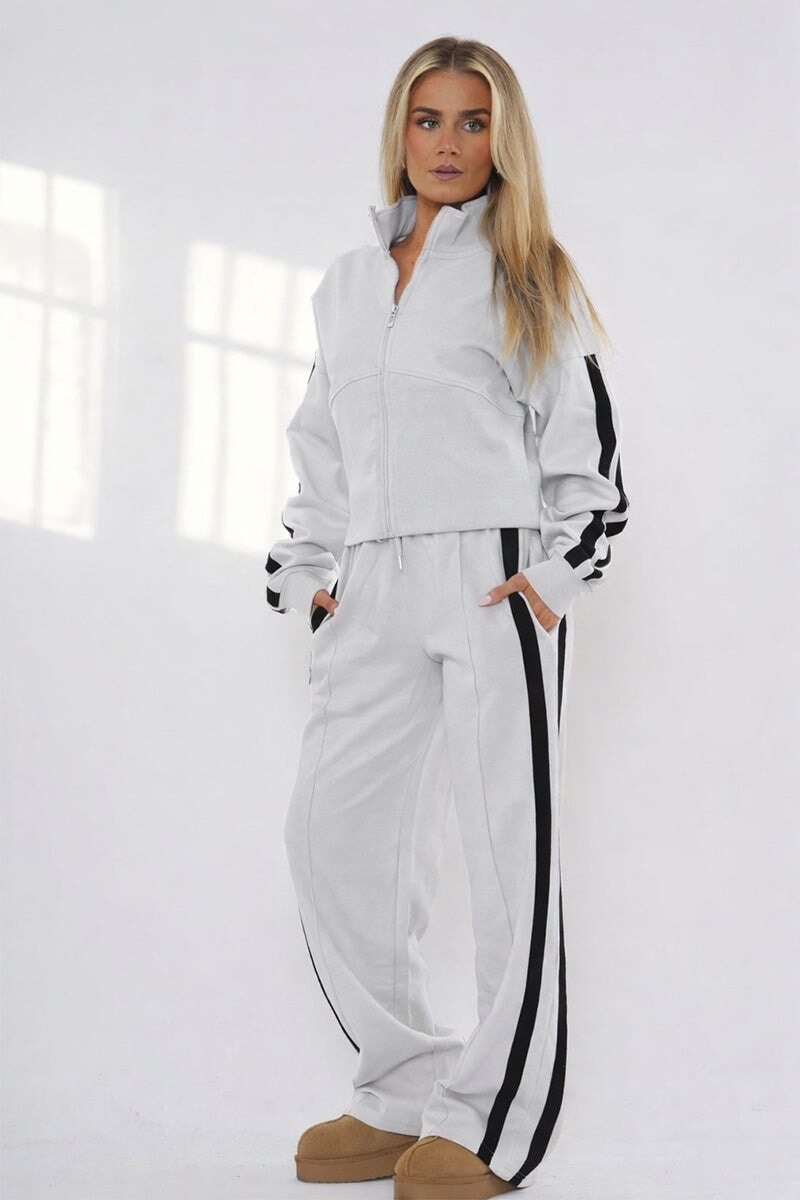 BLEACH GREY CROPPED DOUBLE STRIPE ZIPPED SWEATSHIRT WITH WIDE LEG TROUSER