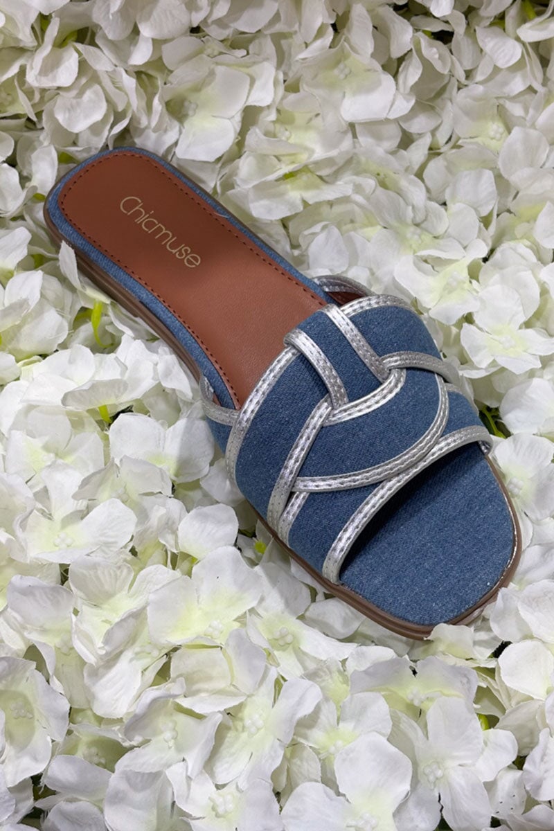 BLUE DENIM WOVEN STRAP SLIDER