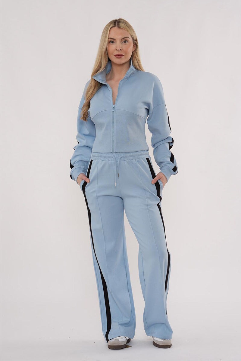 BLUE CROPPED DOUBLE STRIPE ZIPPED SWEATSHIRT WITH WIDE LEG TROUSER