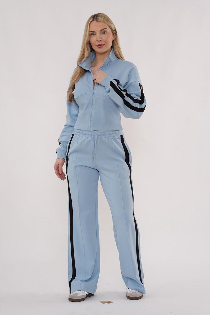 BLUE CROPPED DOUBLE STRIPE ZIPPED SWEATSHIRT WITH WIDE LEG TROUSER