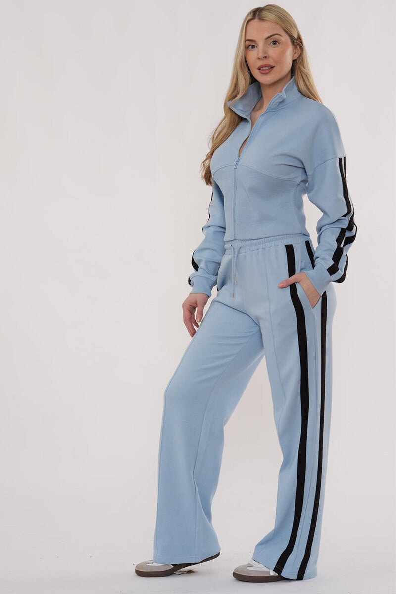 BLUE CROPPED DOUBLE STRIPE ZIPPED SWEATSHIRT WITH WIDE LEG TROUSER