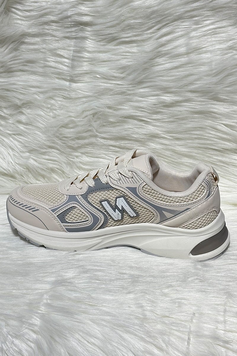 BEIGE LOGO LACE UP CHUNKY RUNNER STYLE TRAINER