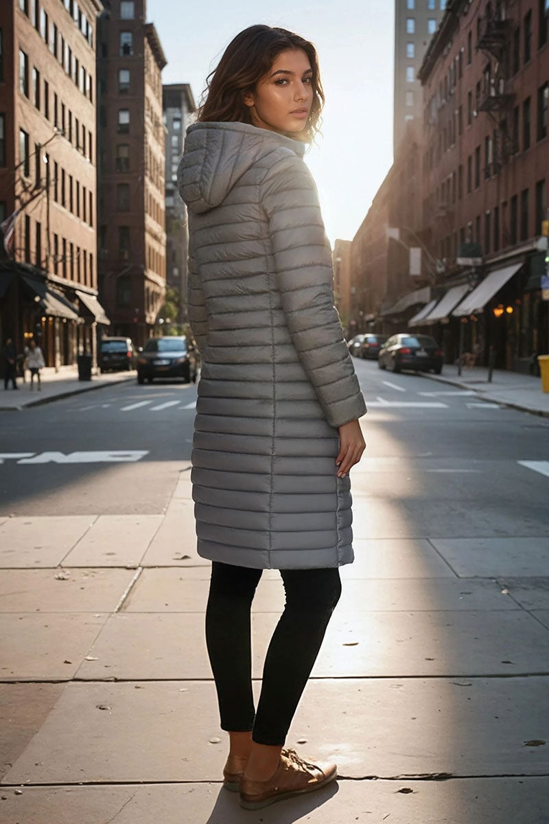 GREY HOODED LIGHTWEIGHT QUILT PUFFER JACKET