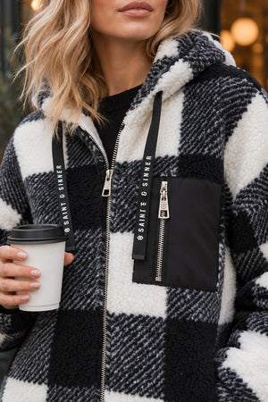 BLACK AND WHITE CHECK POCKET DETAIL HOODED TEDDY JACKET