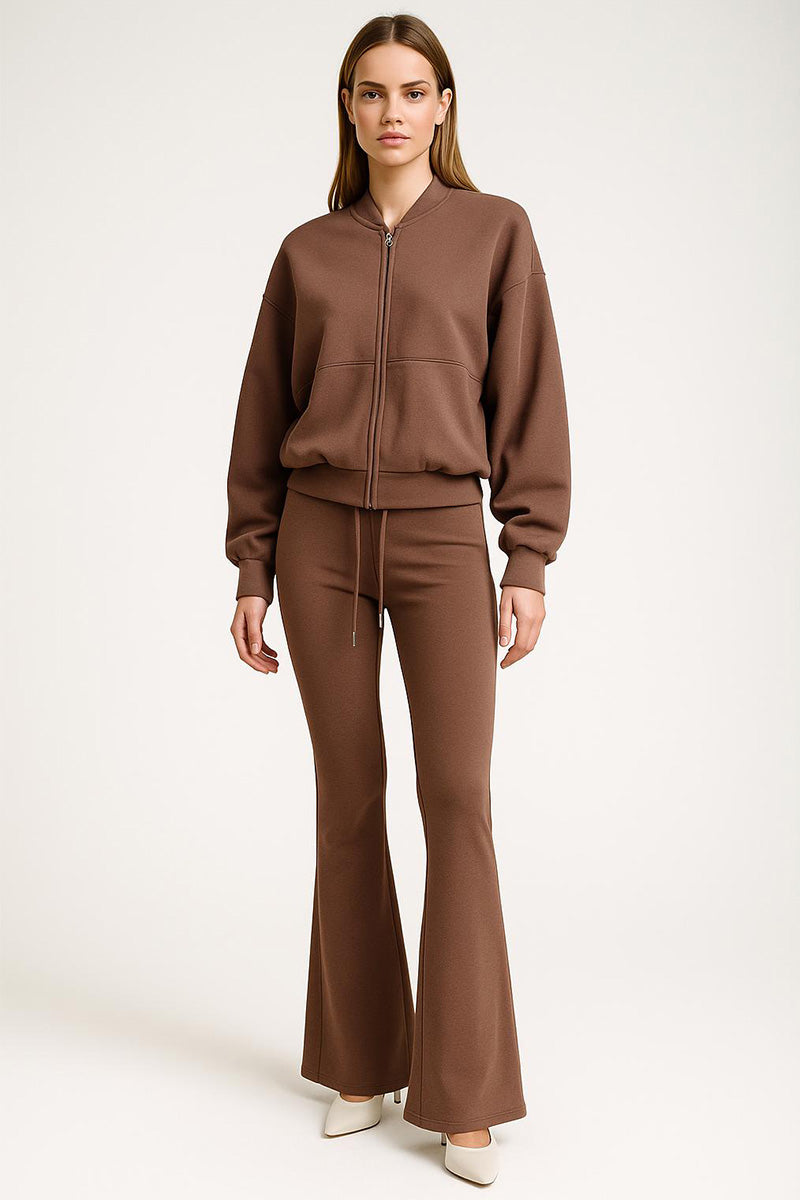 CHOCOLATE ZIPPED BOMBER JACKET AND FLARE LEG TROUSER SET