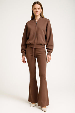 CHOCOLATE ZIPPED BOMBER JACKET AND FLARE LEG TROUSER SET