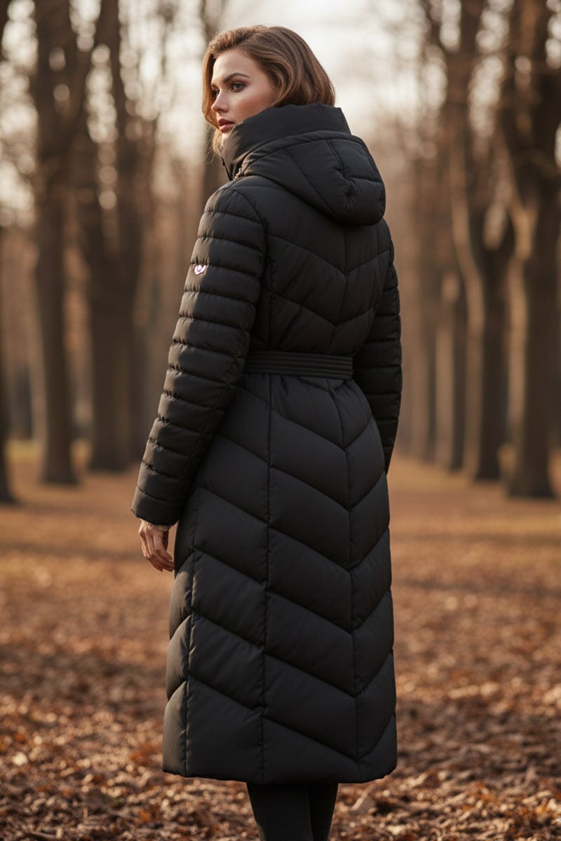 BLACK QUILTED GOLD TRIM LONGLINE BELTED HOODED COAT