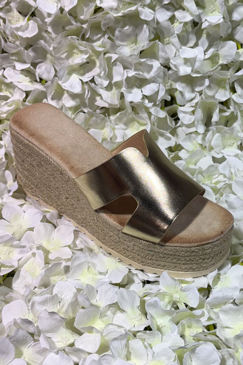 GOLD METALLIC CUT OUT FAUX LEATHER ESPADRILLE WEDGE