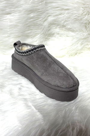 GREY FAUX SUEDE SLIP ON PLATFORM SLIPPERS