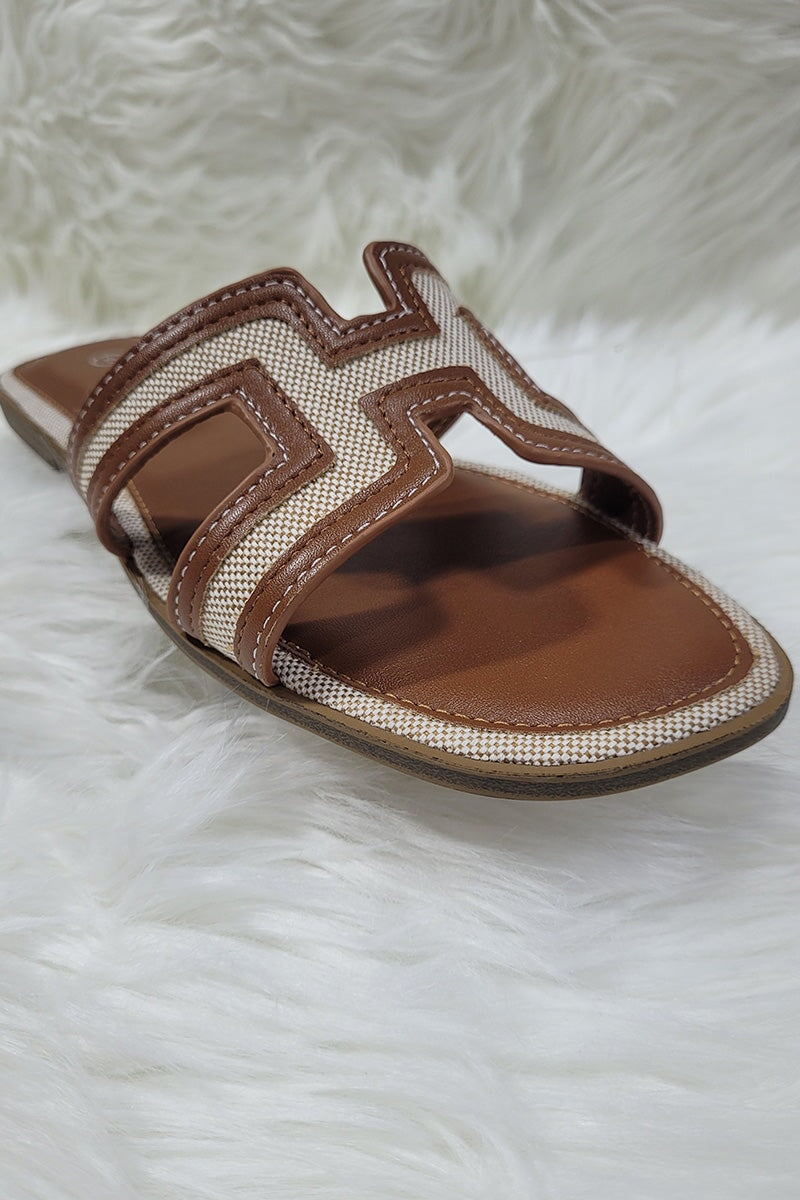 TAN CUT OUT WOVEN TRIM FAUX LEATHER SLIDER