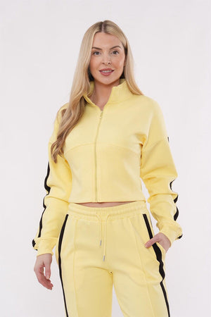 YELLOW CROPPED DOUBLE STRIPE ZIPPED SWEATSHIRT WITH WIDE LEG TROUSER