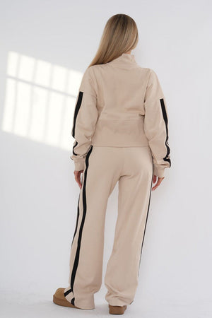 OATMEAL CROPPED DOUBLE STRIPE ZIPPED SWEATSHIRT WITH WIDE LEG TROUSER