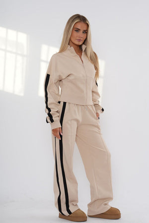 OATMEAL CROPPED DOUBLE STRIPE ZIPPED SWEATSHIRT WITH WIDE LEG TROUSER