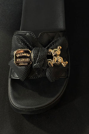 BLACK QUILTED GOLD TRIM FAUX LEATHER PLATFORM SLIDER