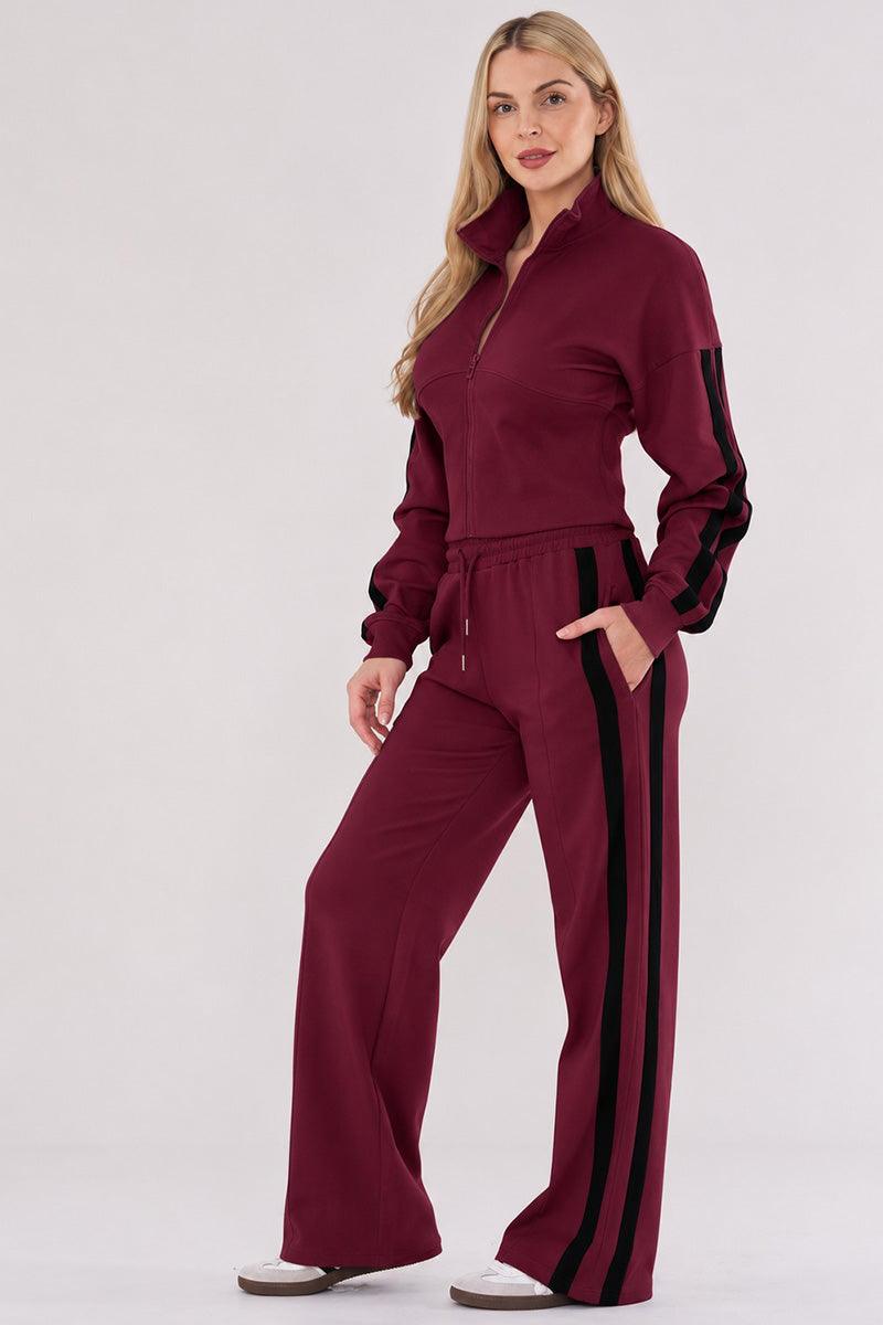 WINE CROPPED DOUBLE STRIPE ZIPPED SWEATSHIRT WITH WIDE LEG TROUSER