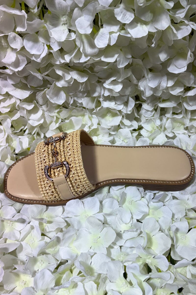 BEIGE WOVEN RAFFIA EMBELLISHED GOLD BUCKLE SLIDER