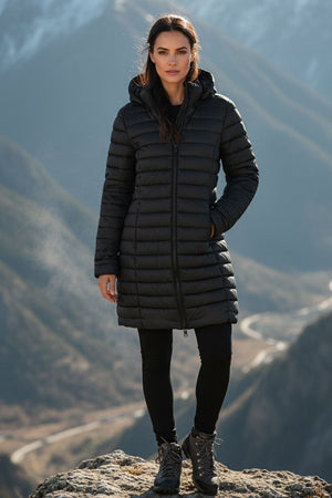 BLACK HOODED LIGHTWEIGHT QUILT PUFFER JACKET