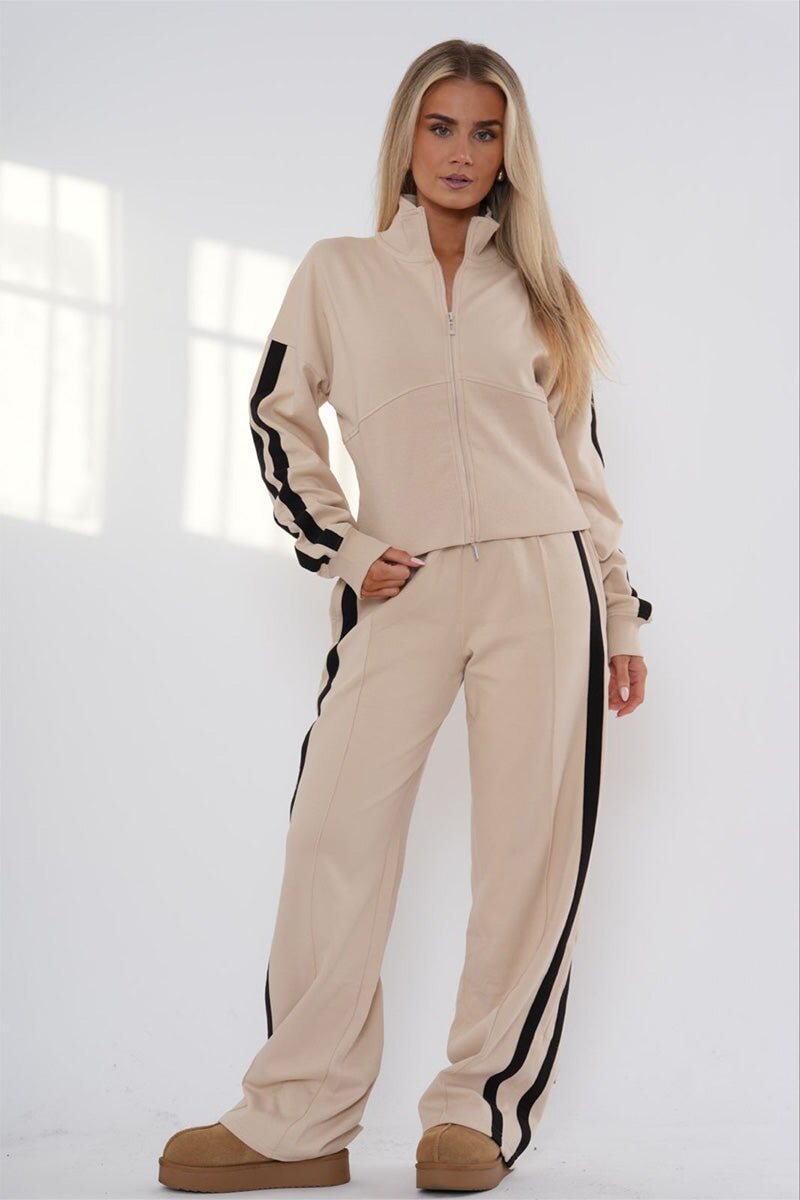 OATMEAL CROPPED DOUBLE STRIPE ZIPPED SWEATSHIRT WITH WIDE LEG TROUSER