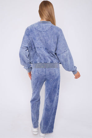 BLUE ACID WASH ZIPPED BOMBER SWEATSHIRT WITH STRAIGHT LEG TROUSER