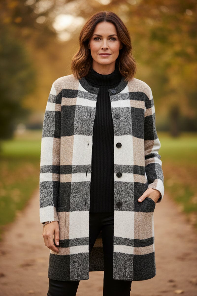 CHARCOAL AND BEIGE LONG TWO POCKET KNITTED CARDIGAN