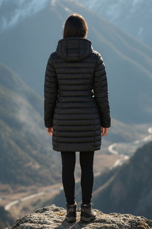 BLACK HOODED LIGHTWEIGHT QUILT PUFFER JACKET