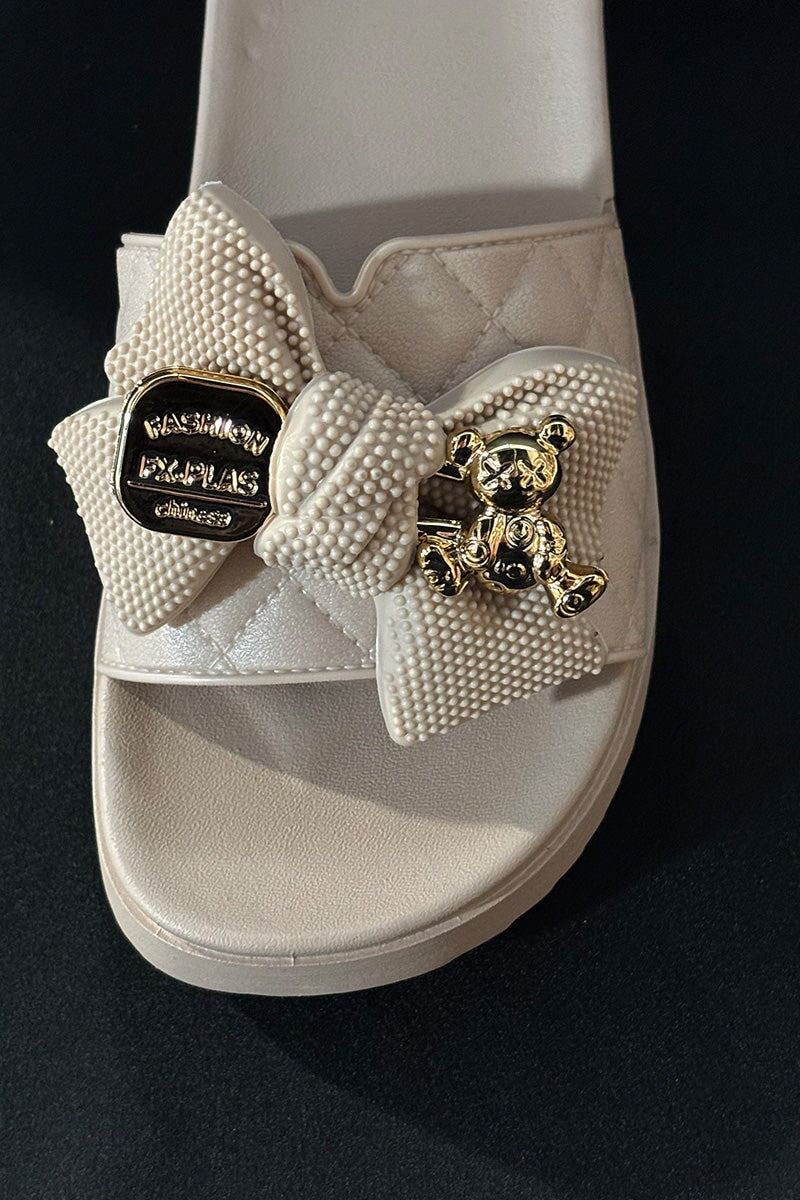 BEIGE QUILTED GOLD TRIM FAUX LEATHER PLATFORM SLIDER