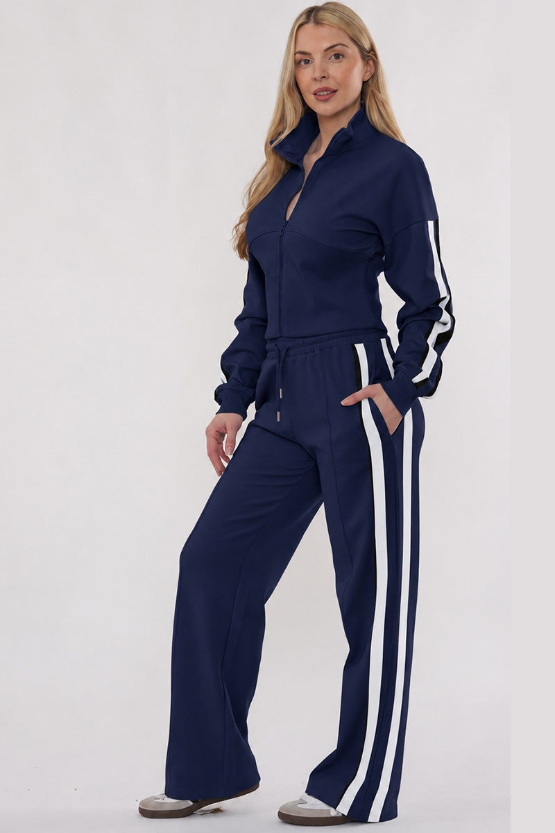 NAVY CROPPED DOUBLE STRIPE ZIPPED SWEATSHIRT WITH WIDE LEG TROUSER