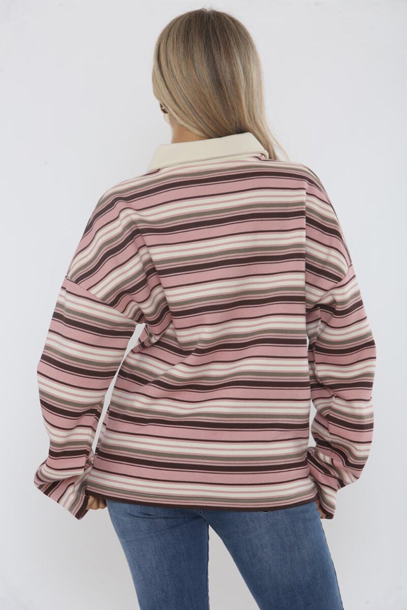 PINK AND CREAM STRIPED COLLAR SWEATSHIRT