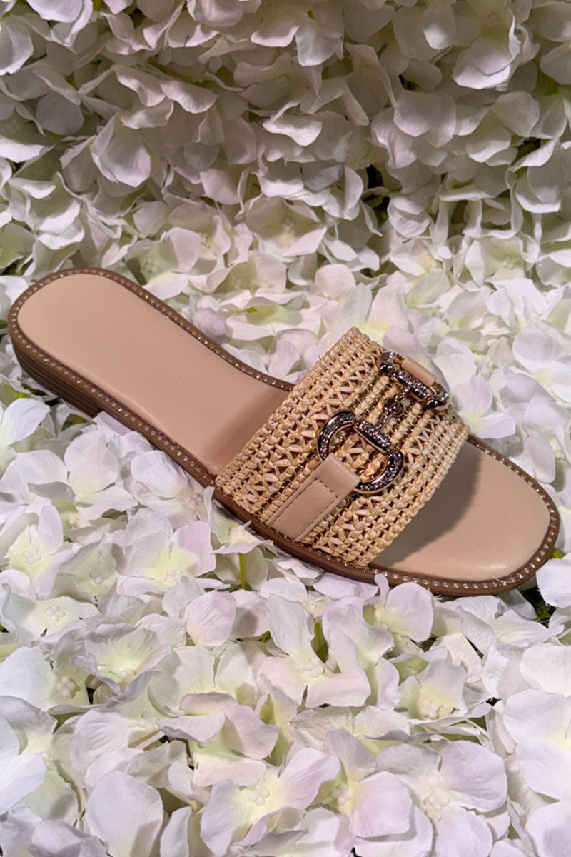 BEIGE WOVEN RAFFIA EMBELLISHED GOLD BUCKLE SLIDER