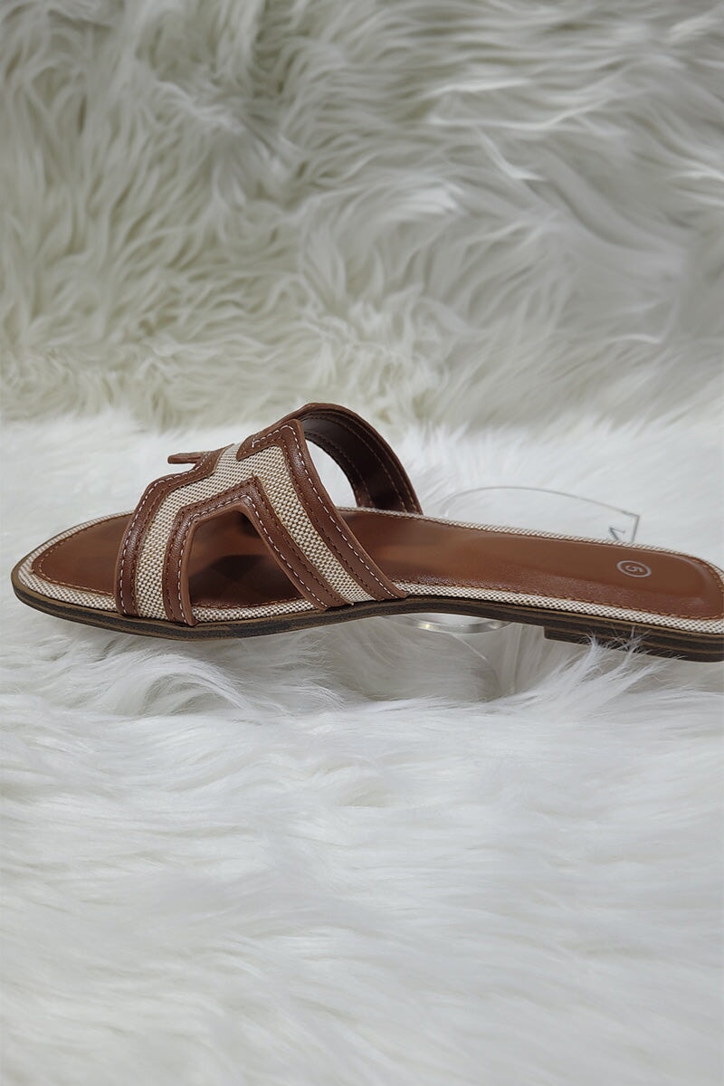 TAN CUT OUT WOVEN TRIM FAUX LEATHER SLIDER